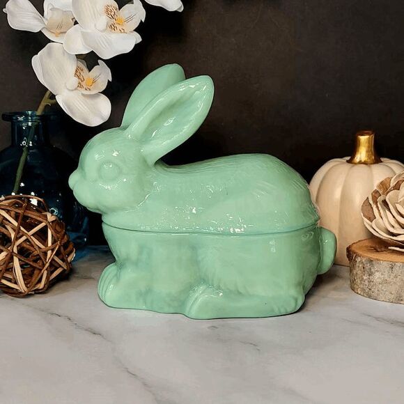 Jadeite Covered Glass Bunny - Adorable Easter Decor - Picture 2 of 6